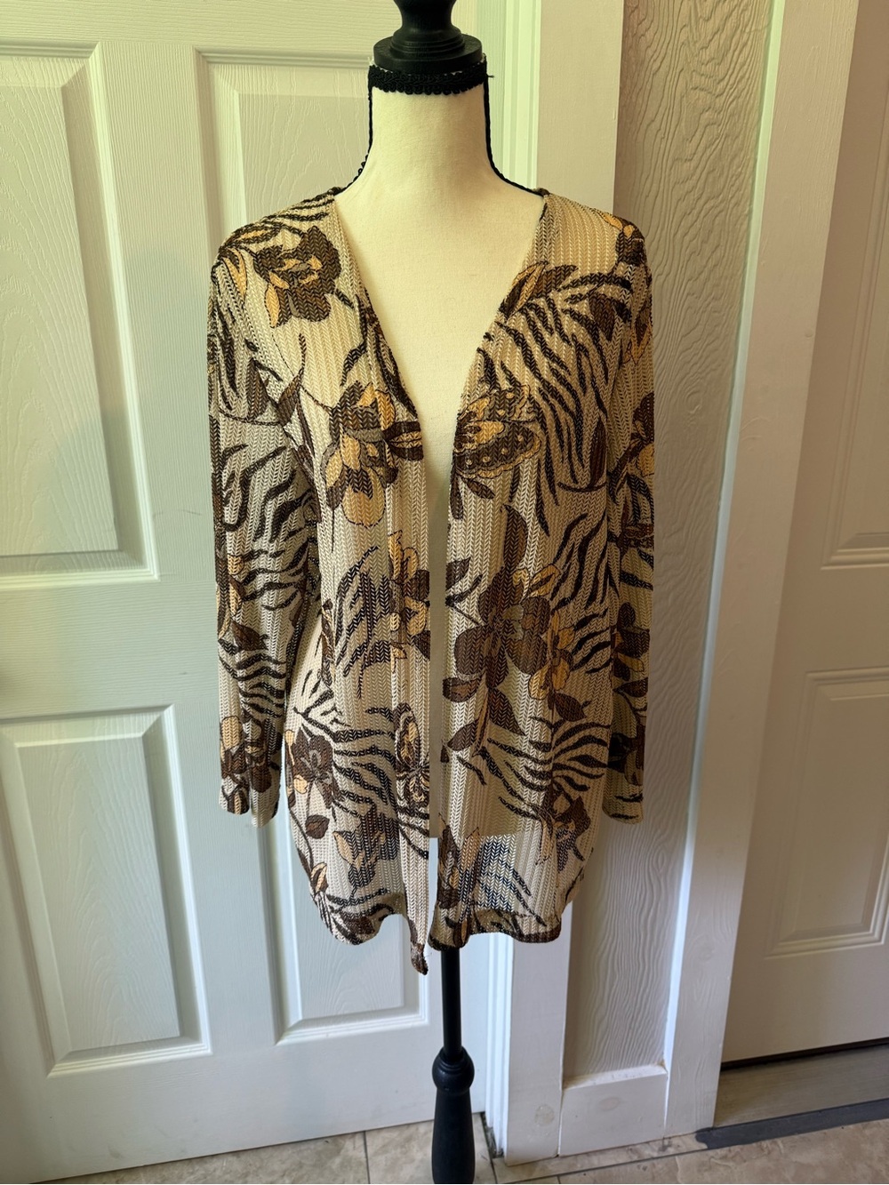 Alfred Dunner Beige and Brown Floral Zebra Open-Front Cardigan
